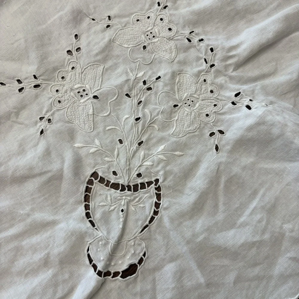 Vintage Madeira Cutwork Linen Tablecloth Floral Urn Scalloped Edge